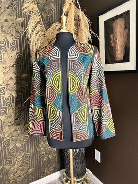 Vintage black embroidered colorful geometric pattern open jacket